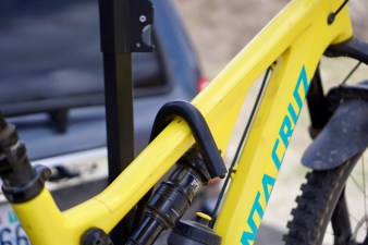 Swagman XTC2 Tilt hitch bike rack frame clamped down on Santa Cruz Tallboy mountain bike.