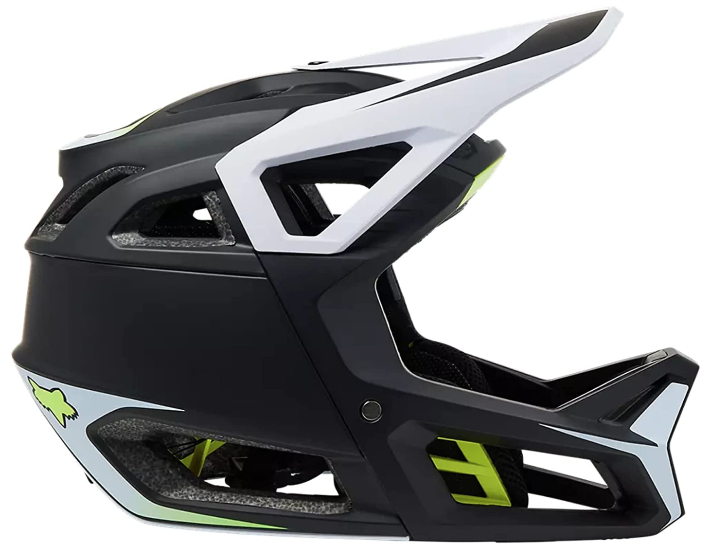 Black and white Fox Proframe RS full-face mountain bike helmet.