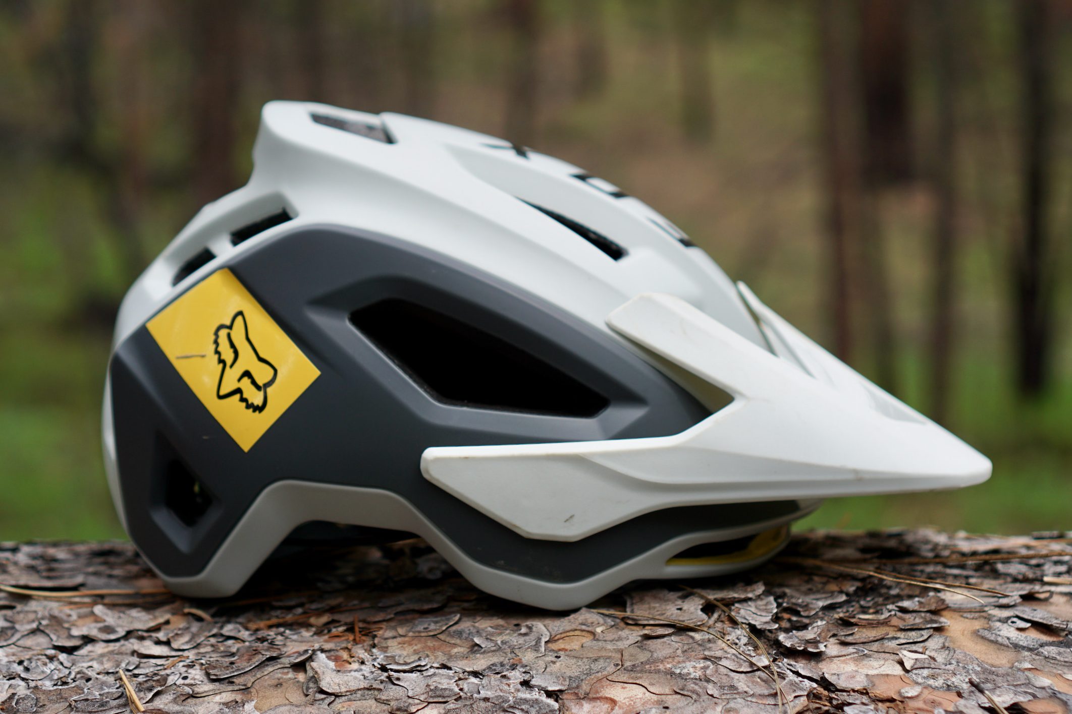Gray Fox Speedframe Pro mountain bike helmet sitting on a log.