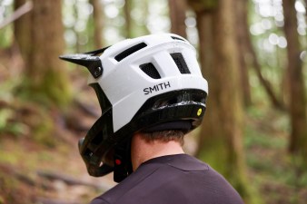 Back of white and black Smith Mainline full-face mountain bike helmet.
