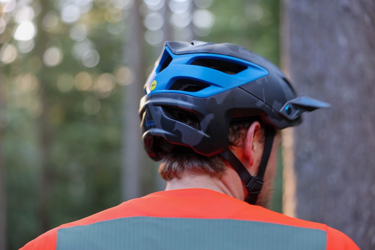 Rear vents on blue Troy Lee Designs A3 mountain bike helmet.