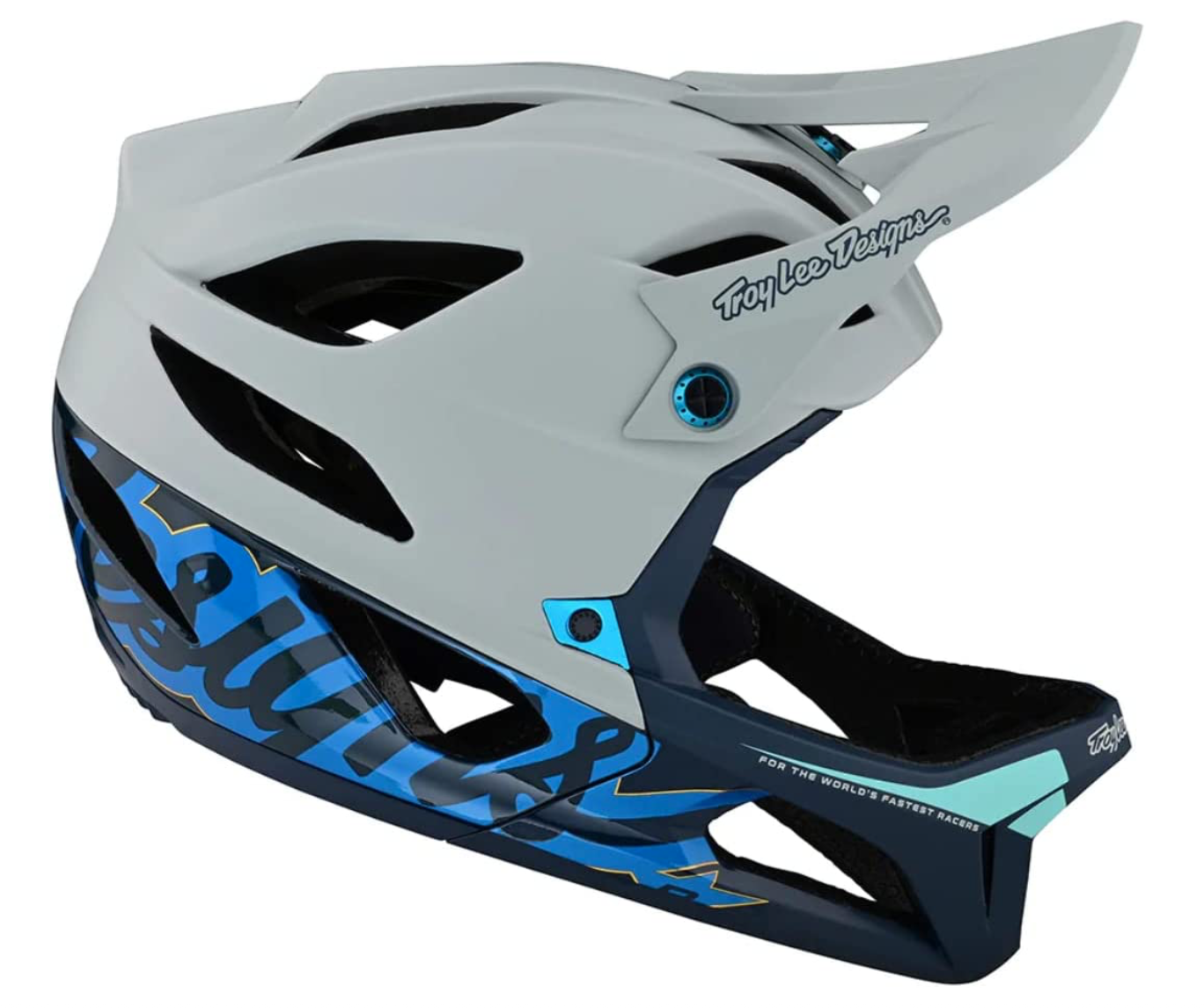 Gray and blue Troy Lee Designs Stage full-face mountain bike helmet.