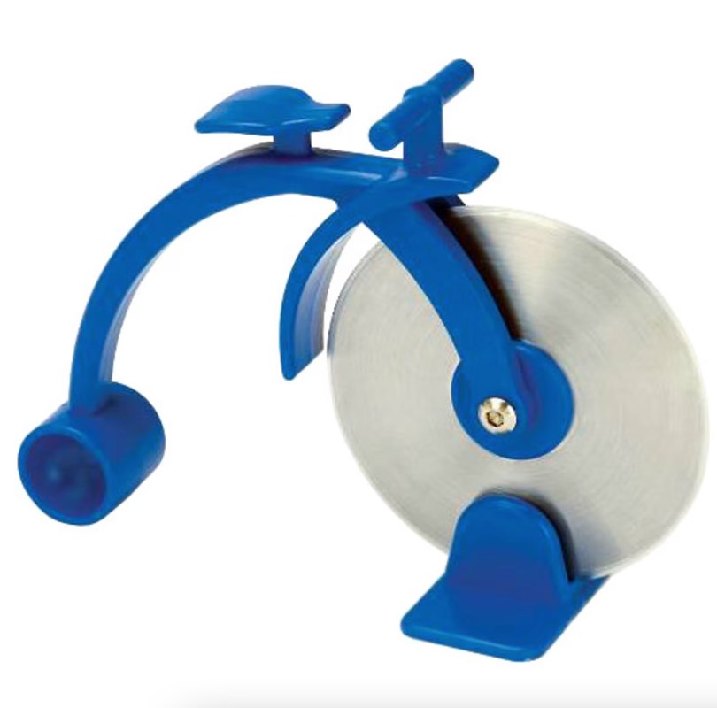 Blue Park Tool pizza cutter in the shape of a bike.