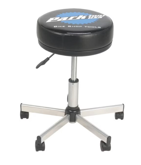 Black and blue Park Tool STL-2 rolling and adjustable shop stool.