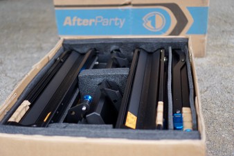 RockyMounts AfterParty Swing Away hitch rack packed up in a box with lots of padding.